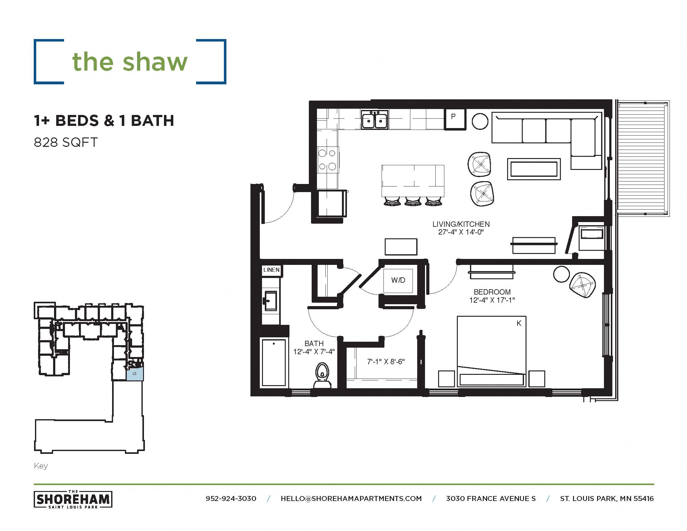 Floor plan for 1 bed, 1 bath, 828 sqft